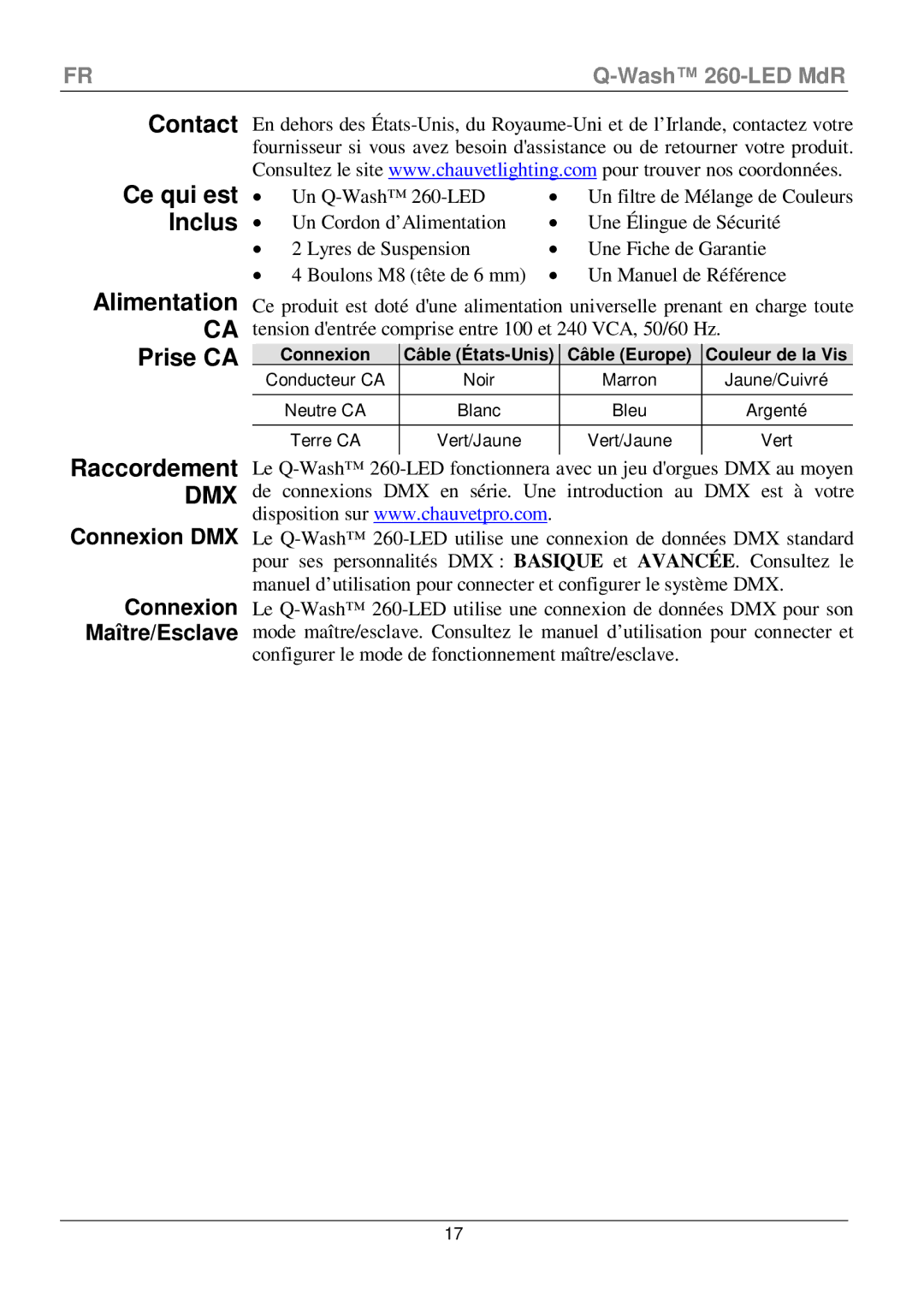 Chauvet 260-LED manual Connexion DMX Maître/Esclave, Câble Europe 