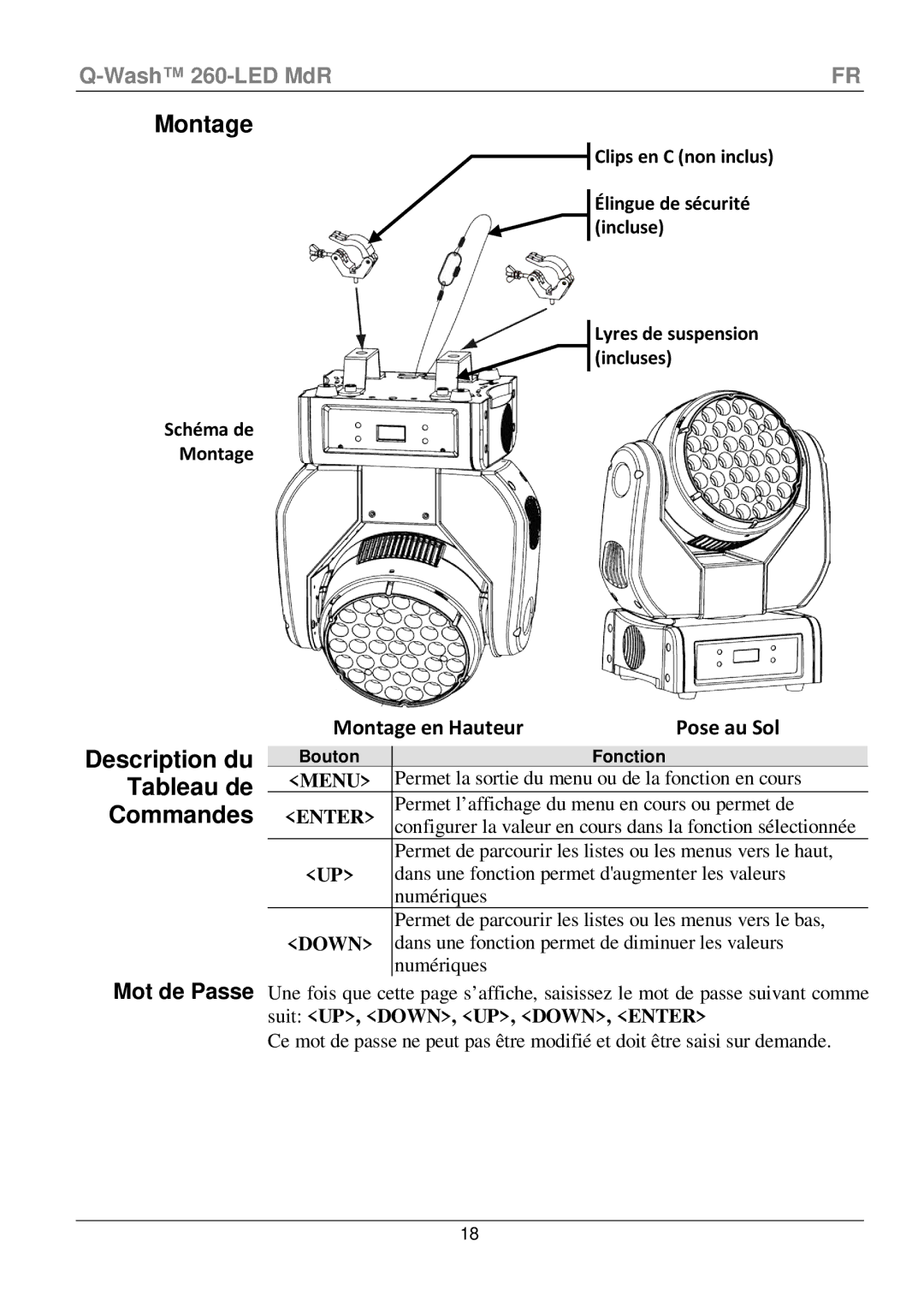 Chauvet 260-LED manual Montage, Description du Tableau de Commandes, Mot de Passe, Fonction 