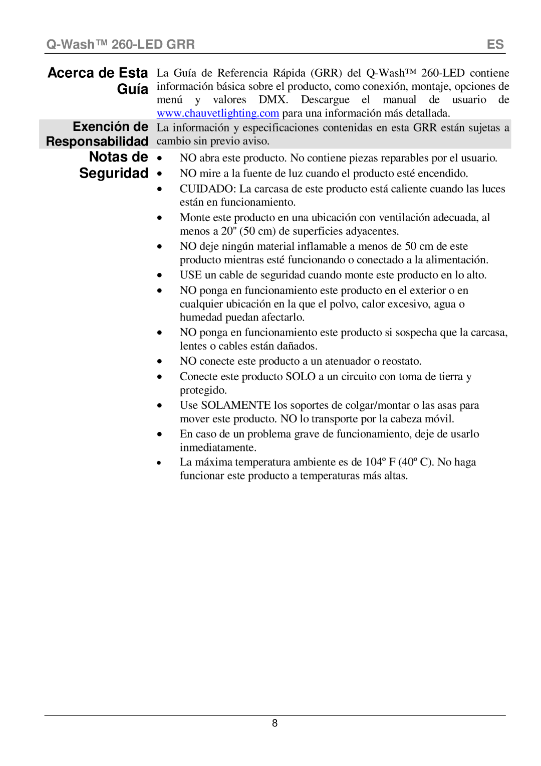 Chauvet 260-LED manual Notas de Seguridad, Exención de Responsabilidad 