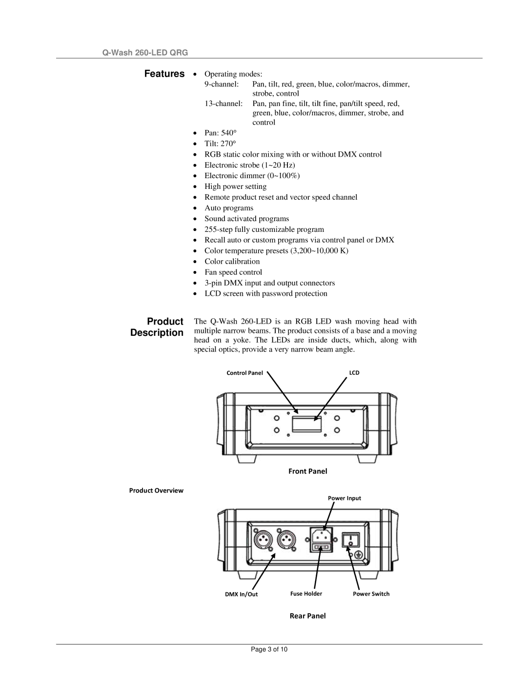 Chauvet 260-LED manual Product Description, Rear Panel 