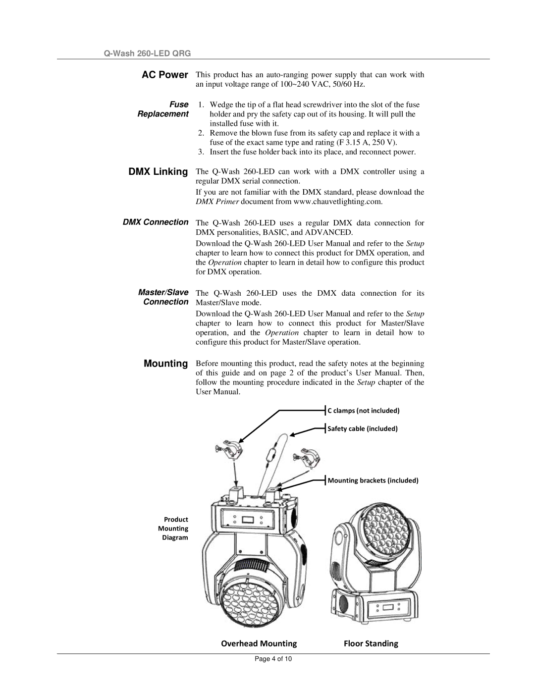 Chauvet 260-LED manual DMX Linking, Mounting 