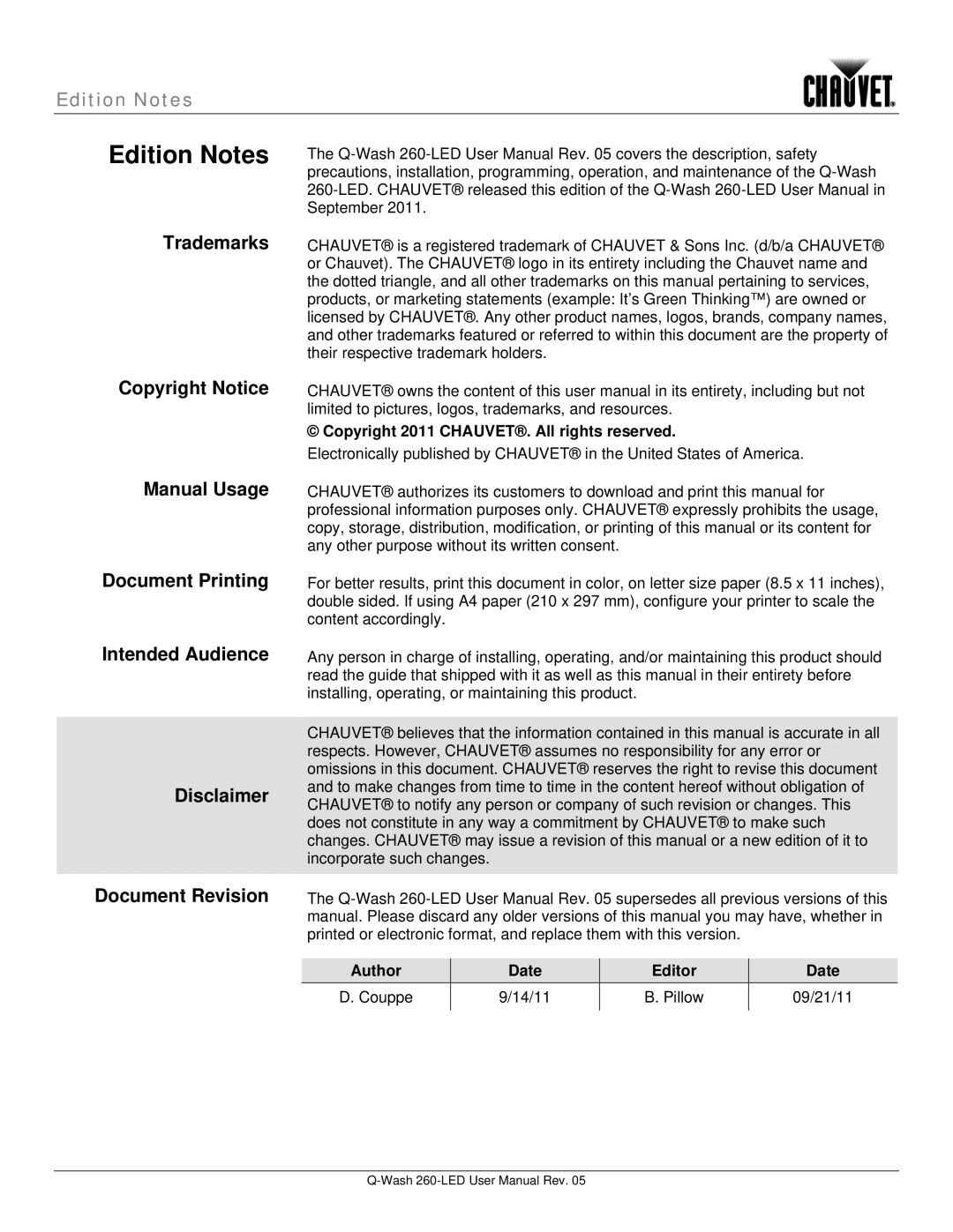 Chauvet 260-LED user manual Copyright 2011 CHAUVET. All rights reserved, Author Date Editor Couppe 14/11 Pillow 09/21/11 