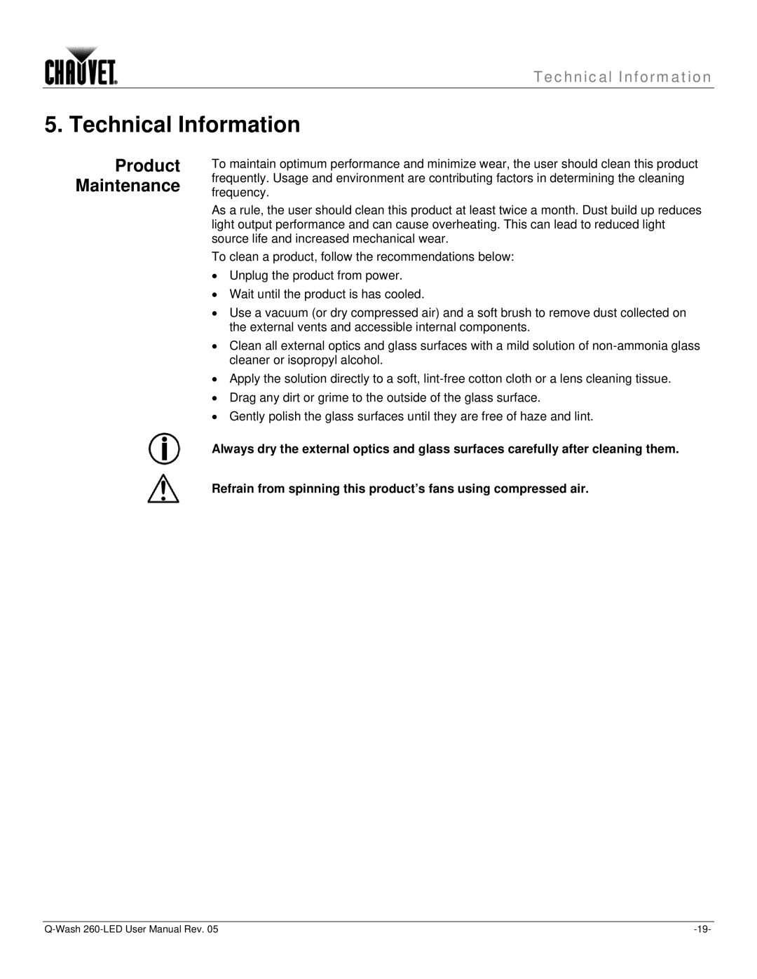 Chauvet 260-LED user manual Technical Information, Product Maintenance 