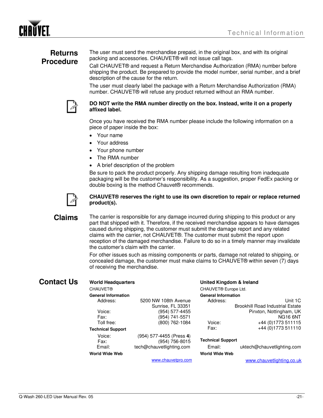 Chauvet 260-LED user manual Claims Contact Us, World Headquarters United Kingdom & Ireland 