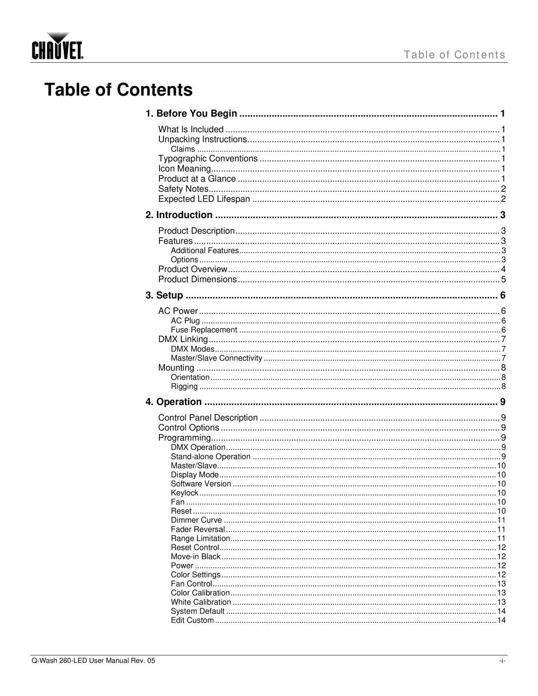 Chauvet 260-LED user manual Table of Contents 