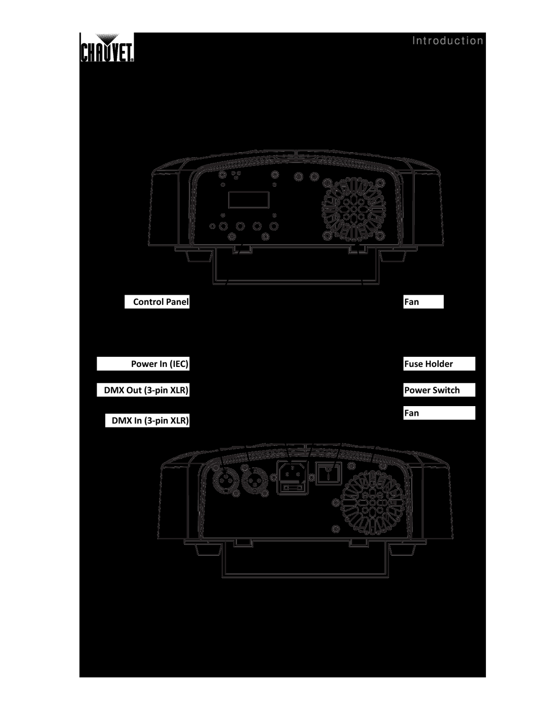 Chauvet 260 LED user manual Product Overview, Introduction, Control Panel Power In IEC DMX Out 3-pinXLR, DMX In 3-pinXLR 