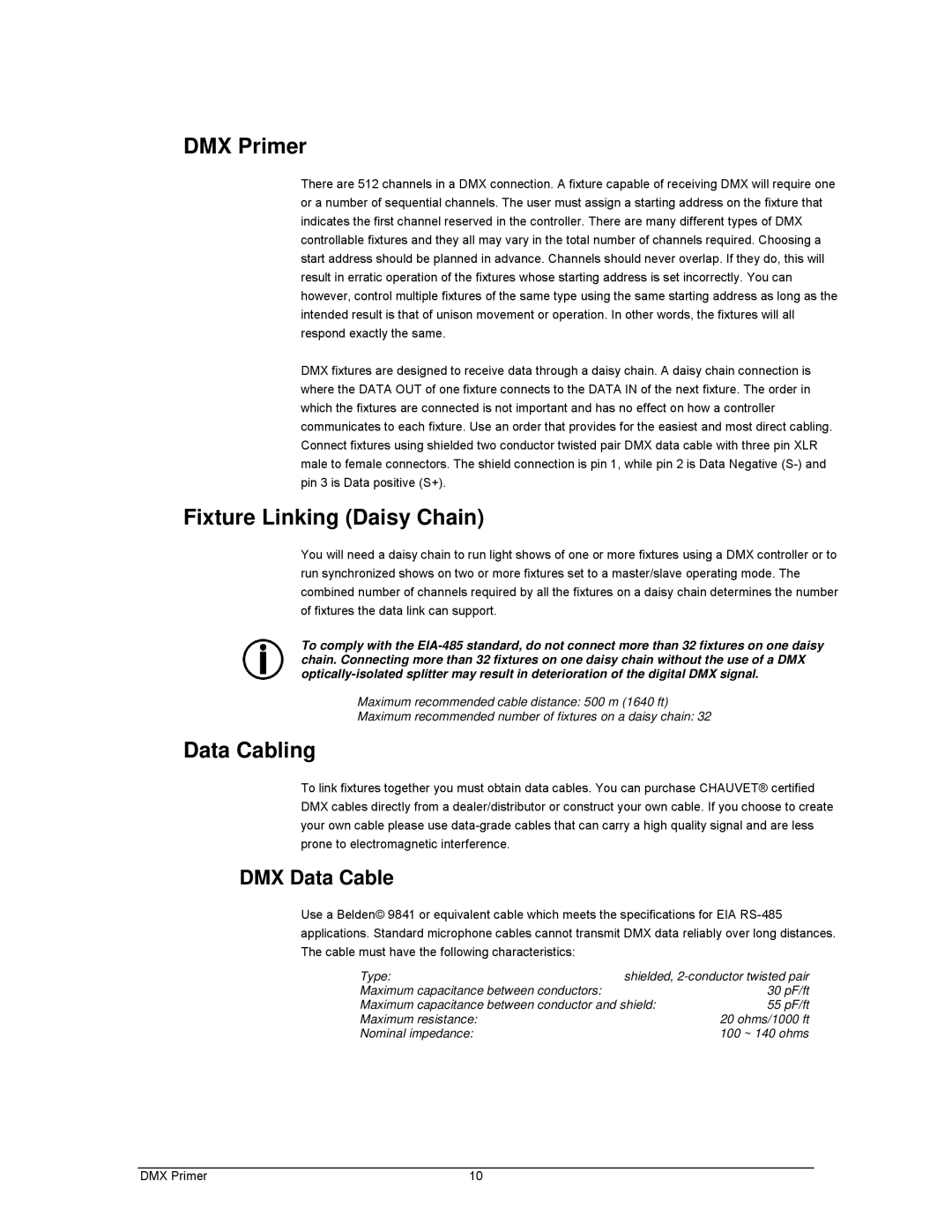 Chauvet 3 user manual DMX Primer, Fixture Linking Daisy Chain, Data Cabling, DMX Data Cable 