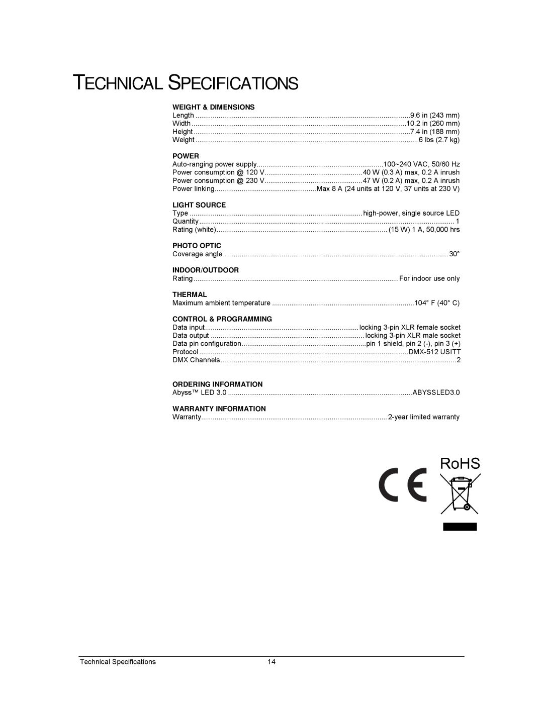 Chauvet 3 user manual Technical Specifications, Power 