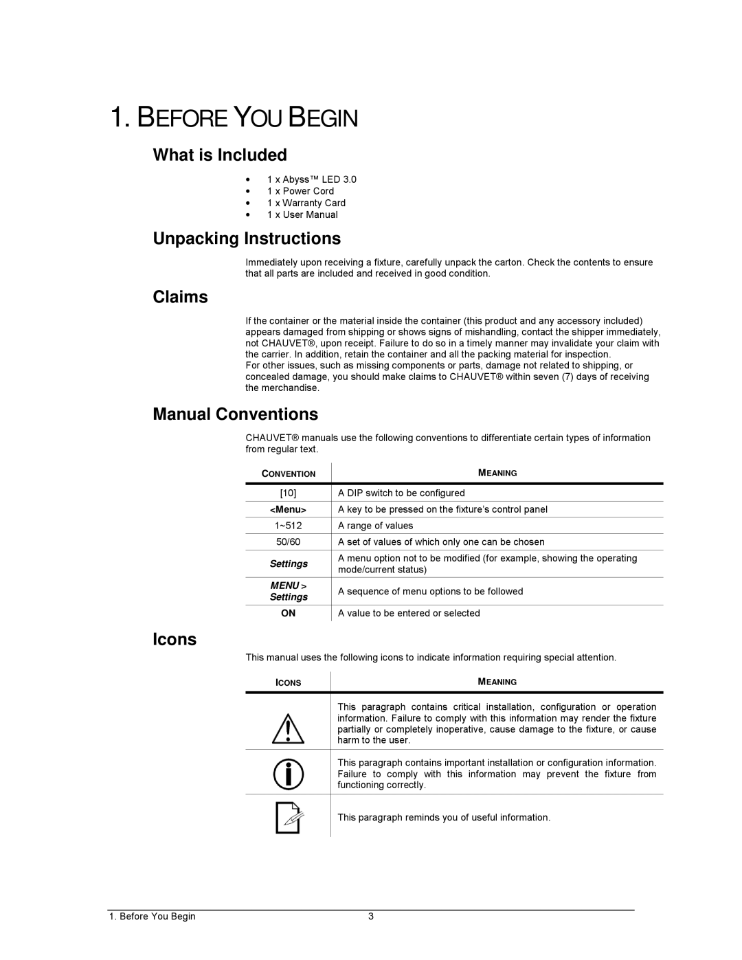 Chauvet 3 user manual Before YOU Begin 