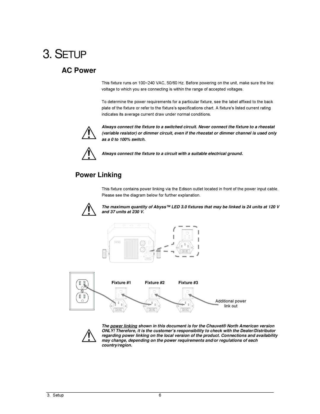 Chauvet 3 user manual Setup, AC Power, Power Linking 