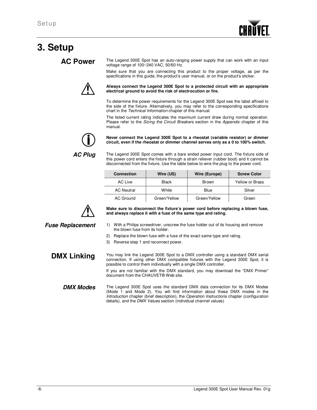 Chauvet 300E user manual Setup, AC Power, DMX Linking 