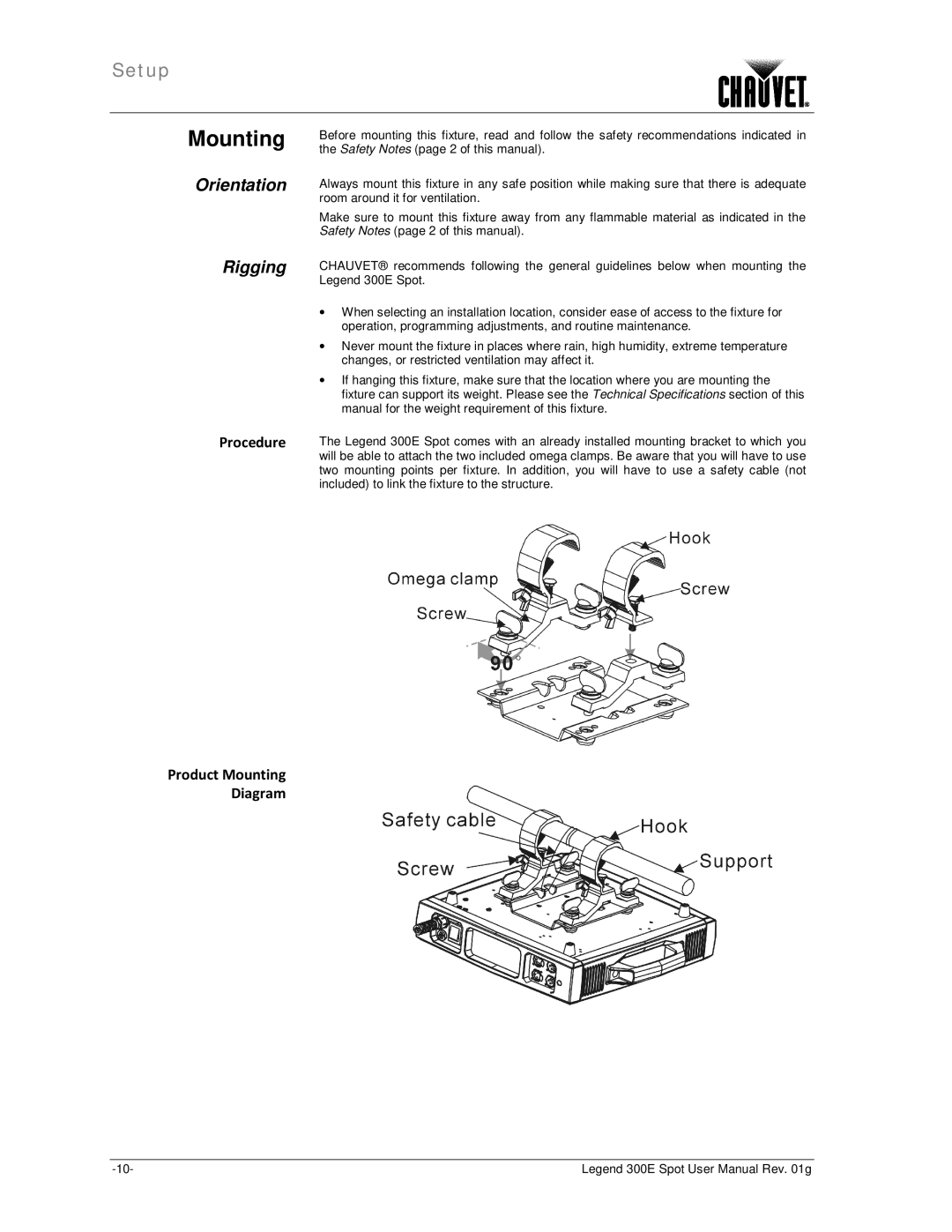 Chauvet 300E user manual Orientation Rigging, Procedure Product Mounting Diagram 