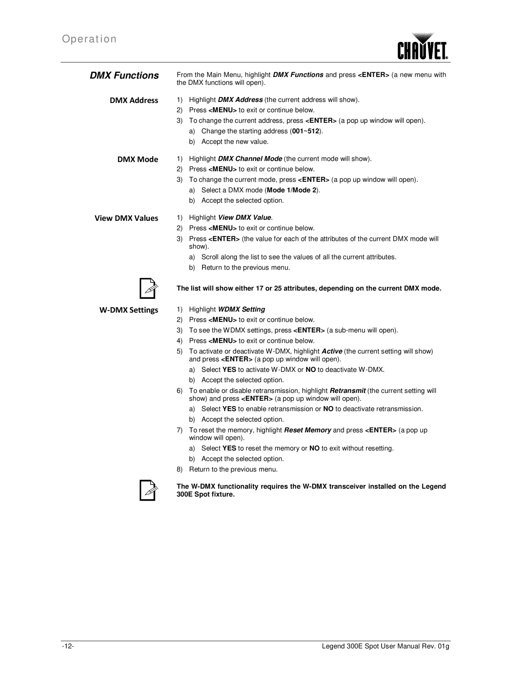 Chauvet 300E user manual DMX Functions, DMX Address DMX Mode View DMX Values DMX Settings 