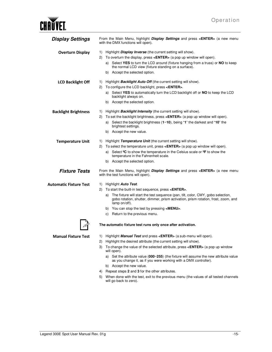 Chauvet 300E user manual Display Settings, Fixture Tests, Automatic Fixture Test Manual Fixture Test 