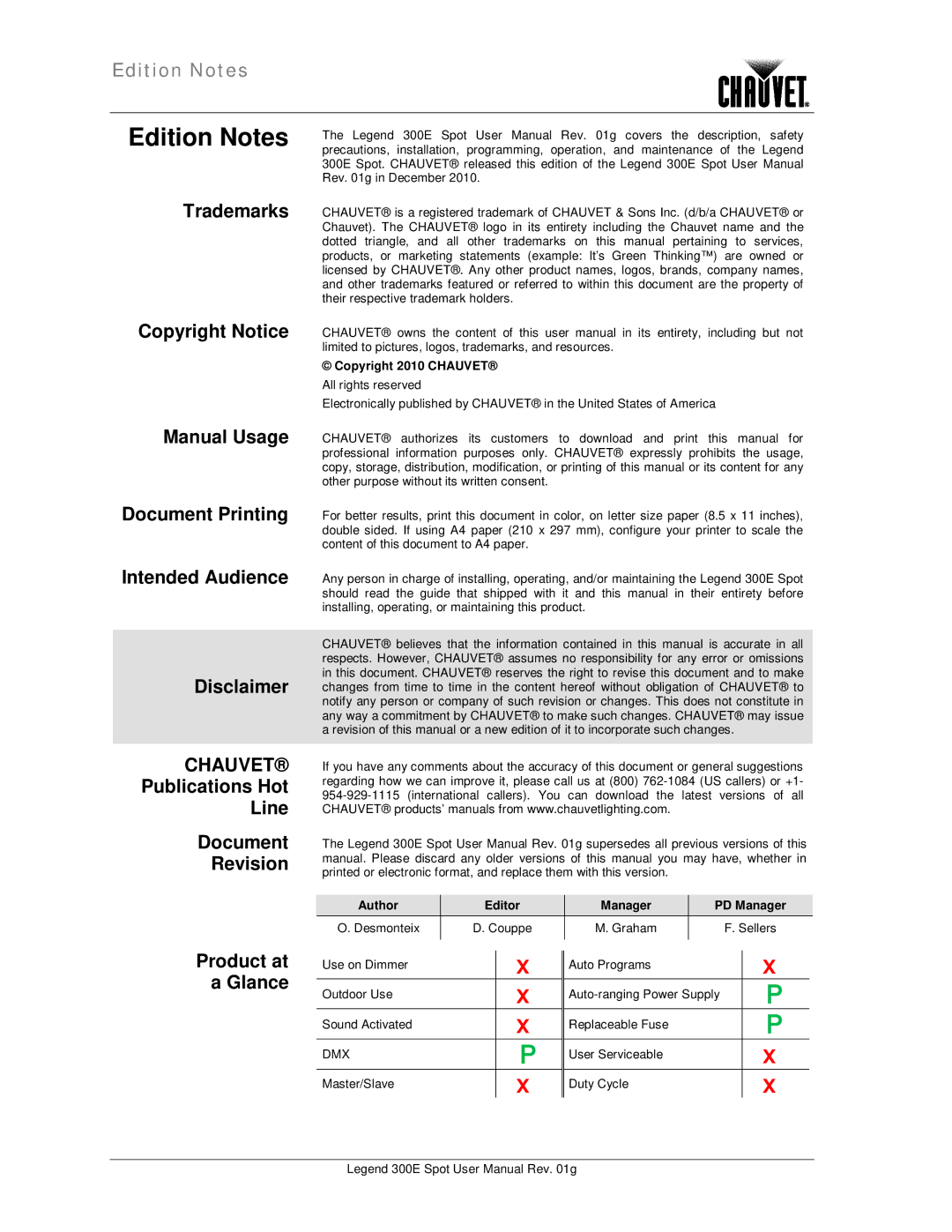 Chauvet 300E user manual Copyright 2010 Chauvet, Author Editor Manager PD Manager 