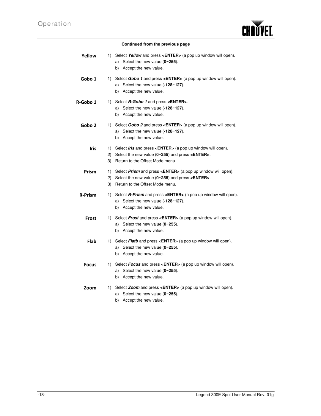 Chauvet 300E user manual Yellow, Gobo, Iris, Prism, Frost, Flab, Focus, Zoom 