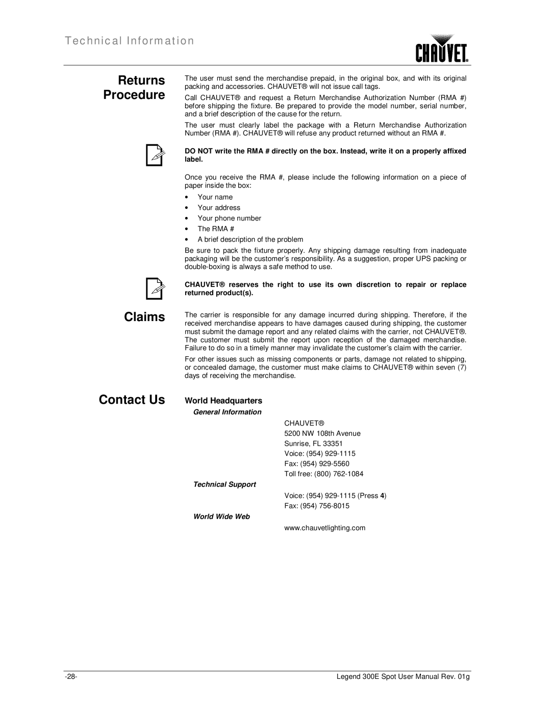 Chauvet 300E user manual Claims, Contact Us World Headquarters 