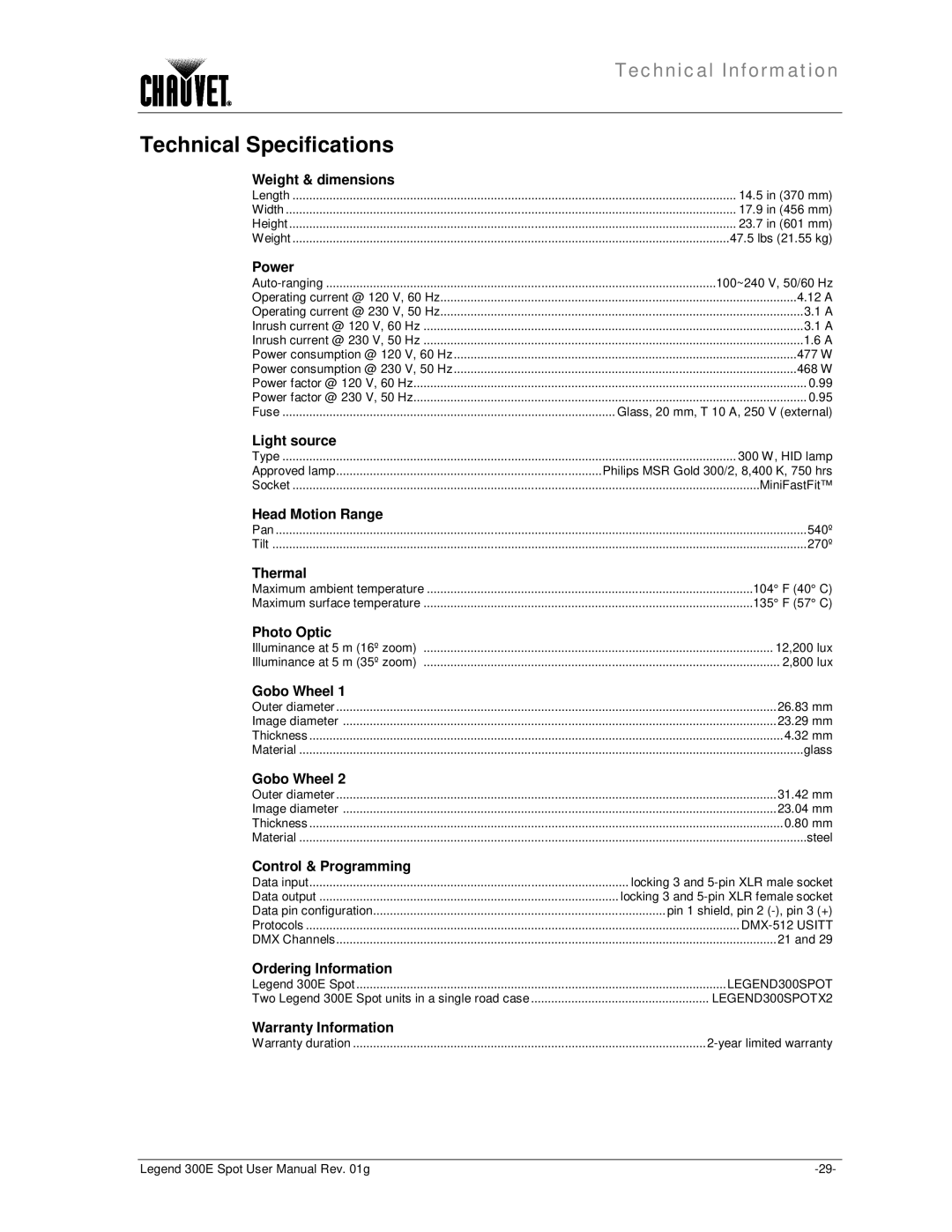 Chauvet 300E user manual Technical Specifications, Power 