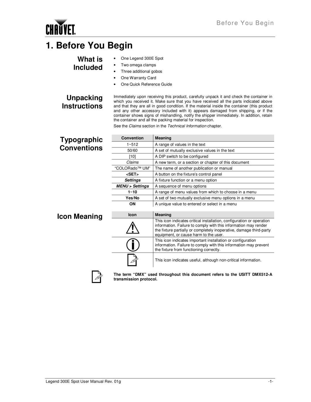 Chauvet 300E user manual Before You Begin, What is Included, Icon Meaning, Convention Meaning 