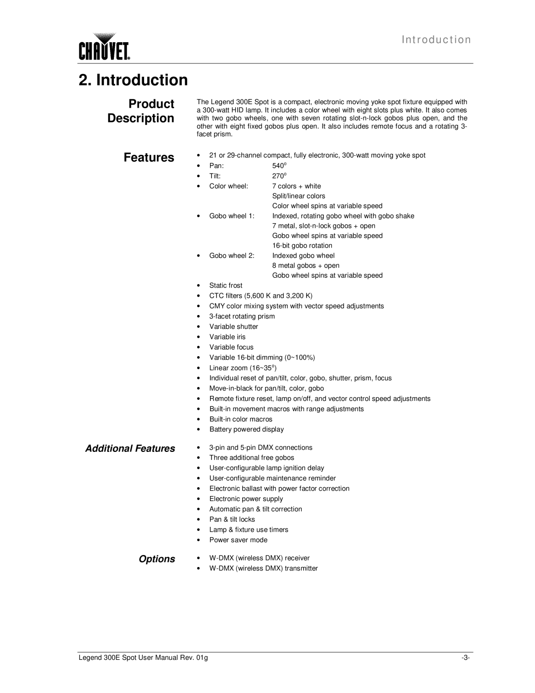 Chauvet 300E user manual Introduction, Product Description Features, Additional Features Options 