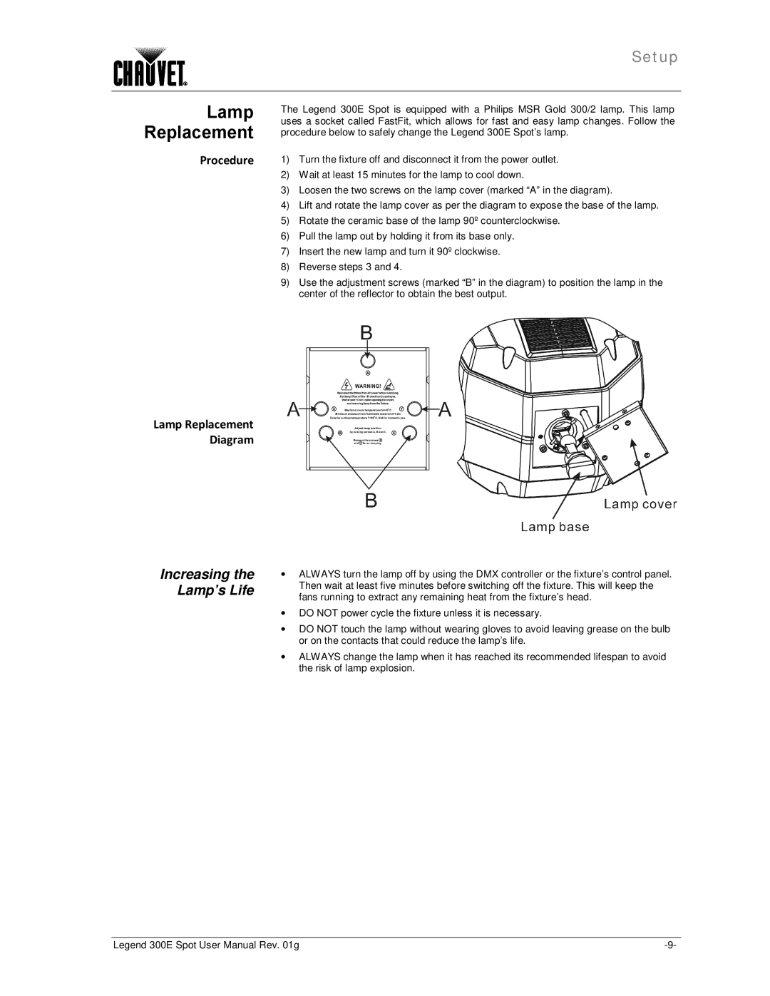 Chauvet 300E user manual Increasing the Lamp’s Life, Lamp Replacement Diagram 