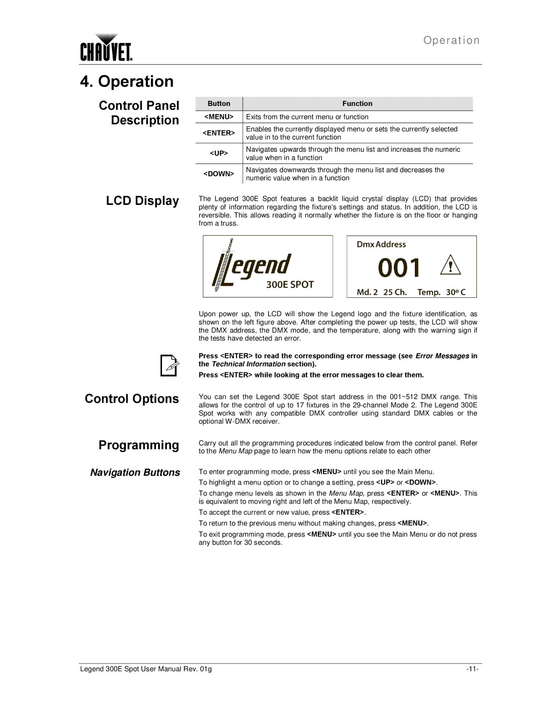 Chauvet 300E user manual Operation, LCD Display Control Options Programming, Navigation Buttons, Button Function 