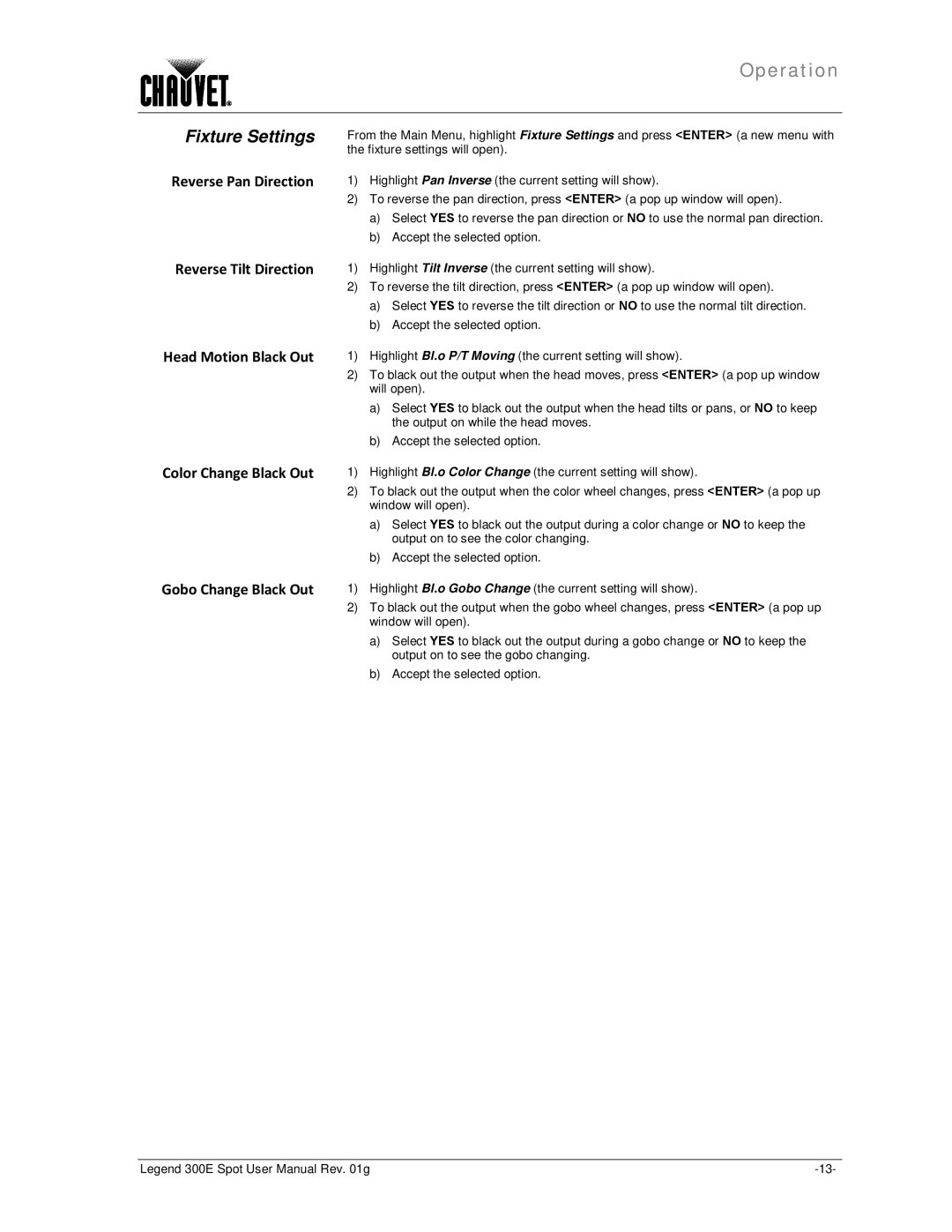 Chauvet 300E user manual Fixture Settings 