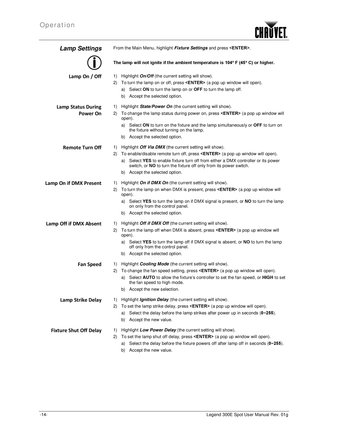 Chauvet 300E user manual Lamp Settings 