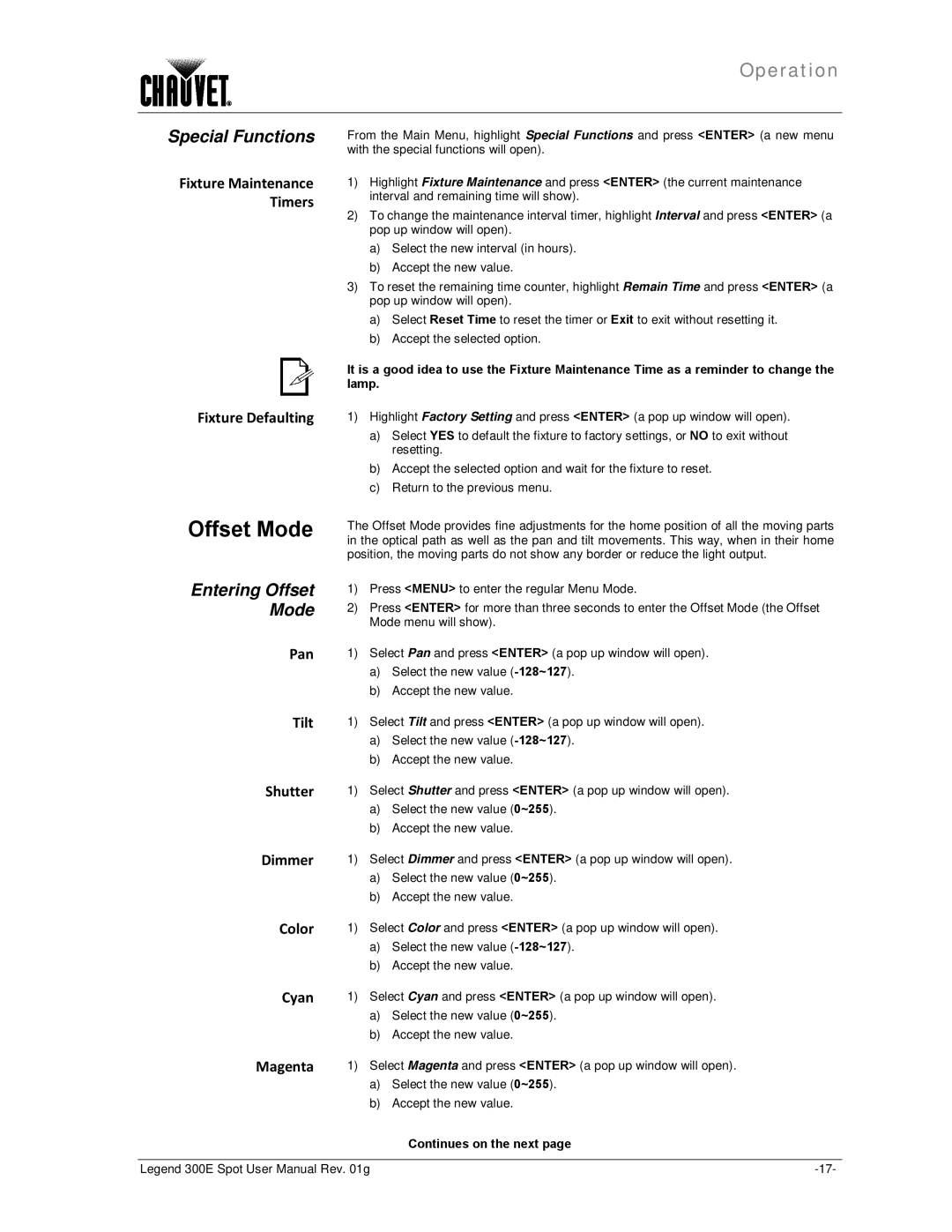 Chauvet 300E user manual Special Functions, Entering Offset Mode 