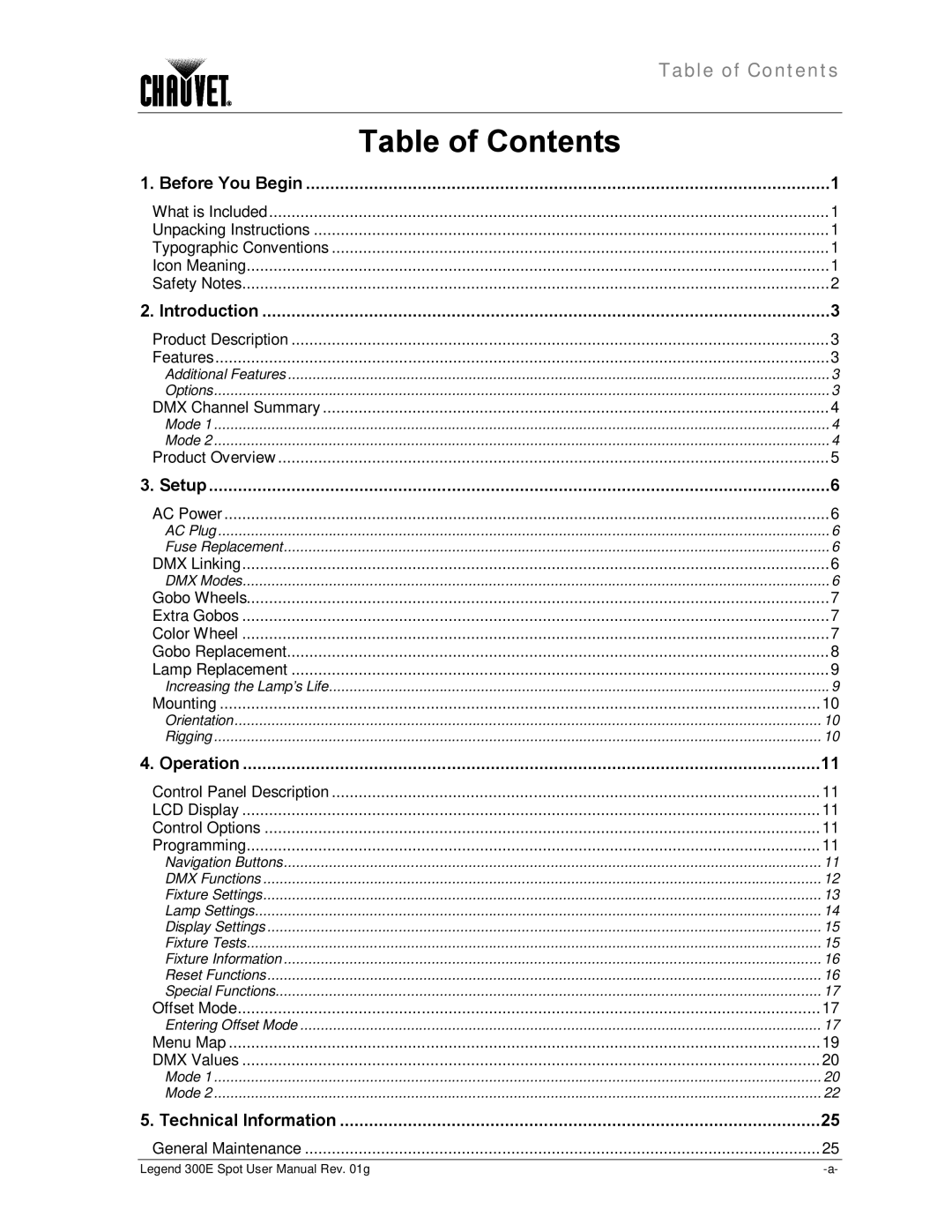 Chauvet 300E user manual Table of Contents 