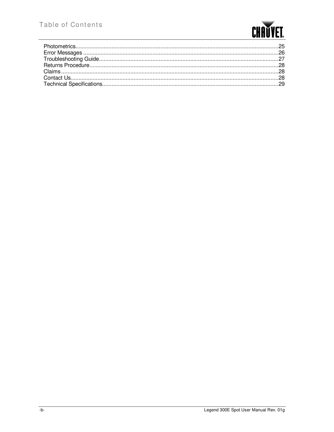 Chauvet 300E user manual Table of Contents 