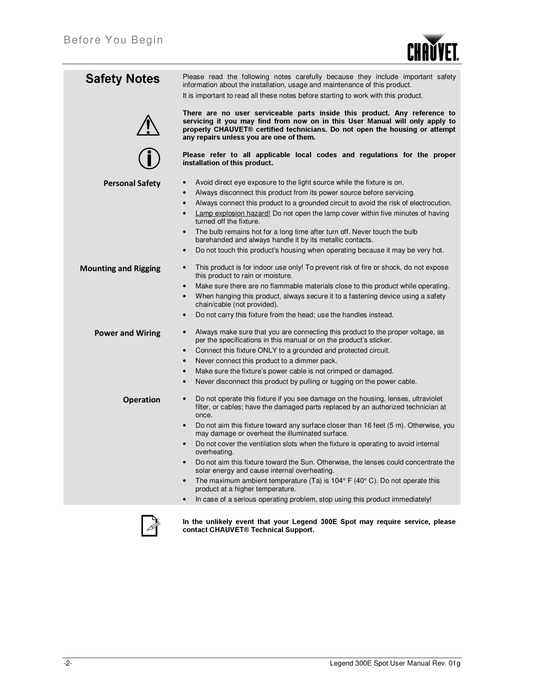 Chauvet 300E user manual Safety Notes, Personal Safety, Mounting and Rigging Power and Wiring Operation 