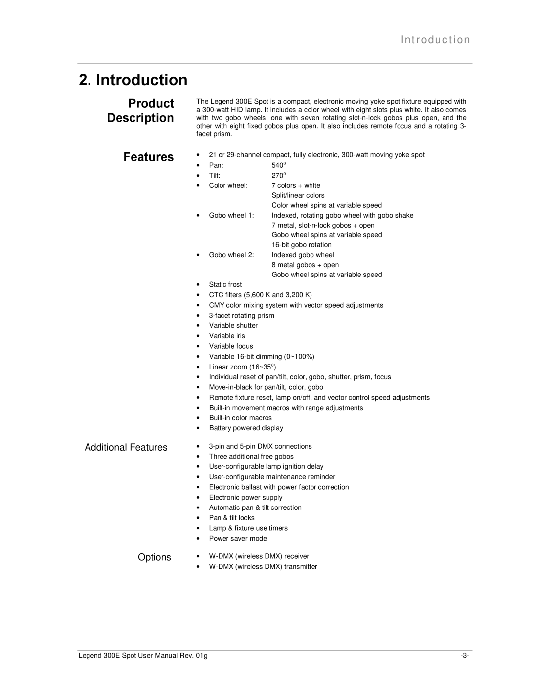 Chauvet 300E user manual Introduction, Product Description Features, Additional Features Options 