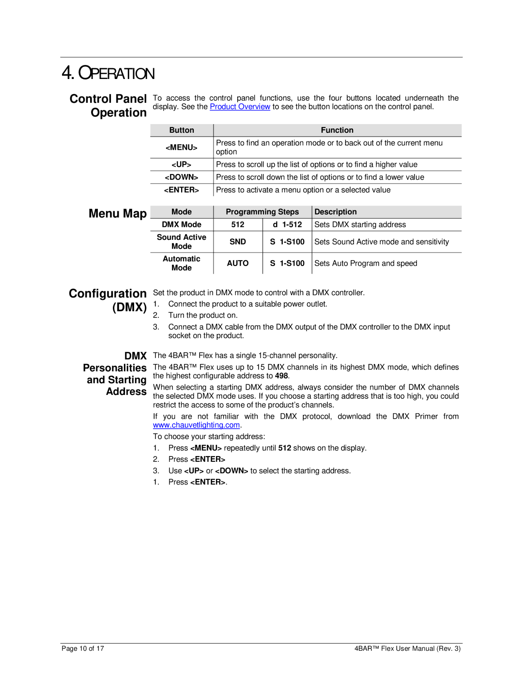 Chauvet 3030504 user manual Control Panel Operation, Menu Map, Configuration, Personalities Starting Address 