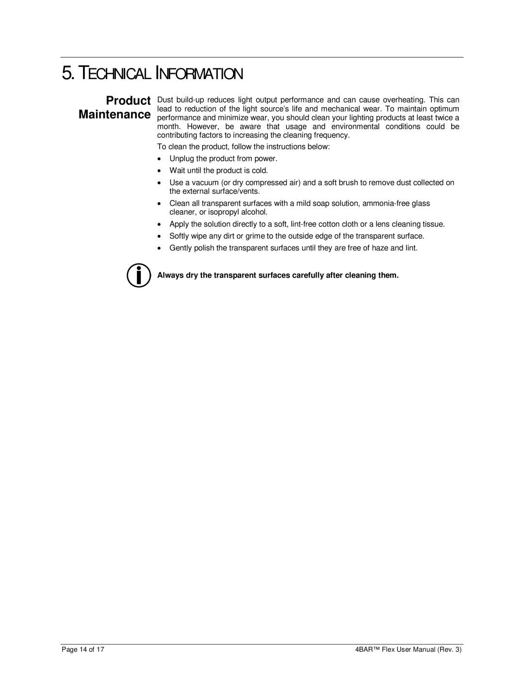 Chauvet 3030504 user manual Technical Information, Product Maintenance 