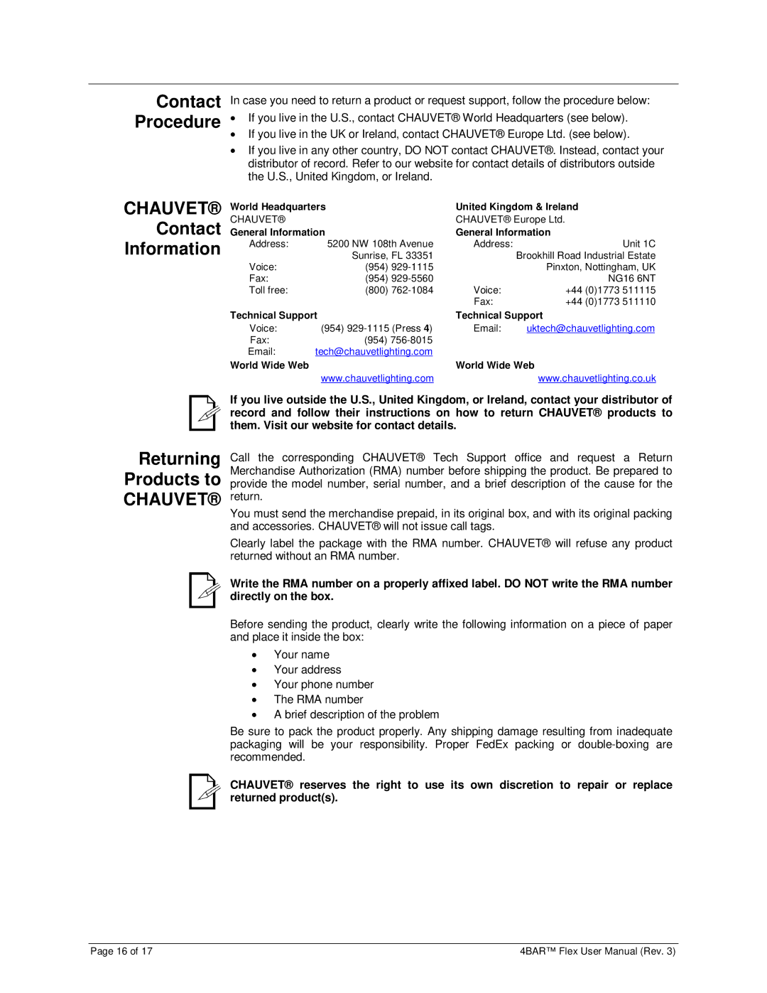 Chauvet 3030504 user manual Contact Procedure, Contact Information 