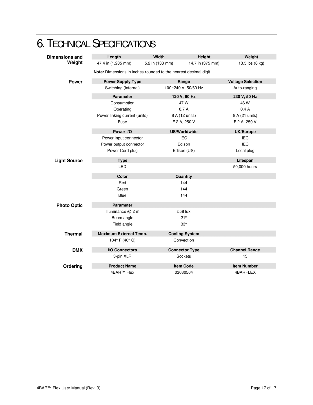 Chauvet 3030504 user manual Technical Specifications 