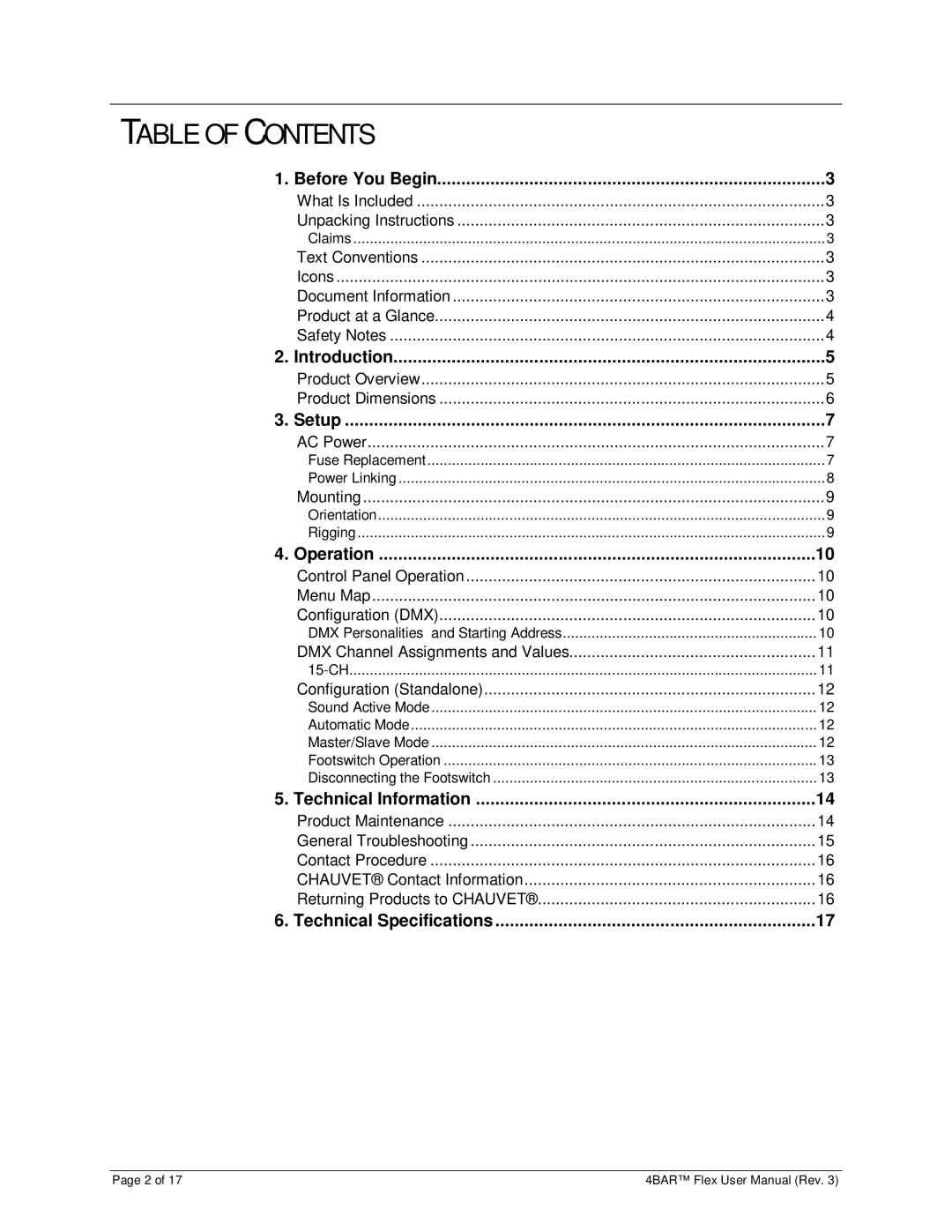 Chauvet 3030504 user manual Table of Contents 