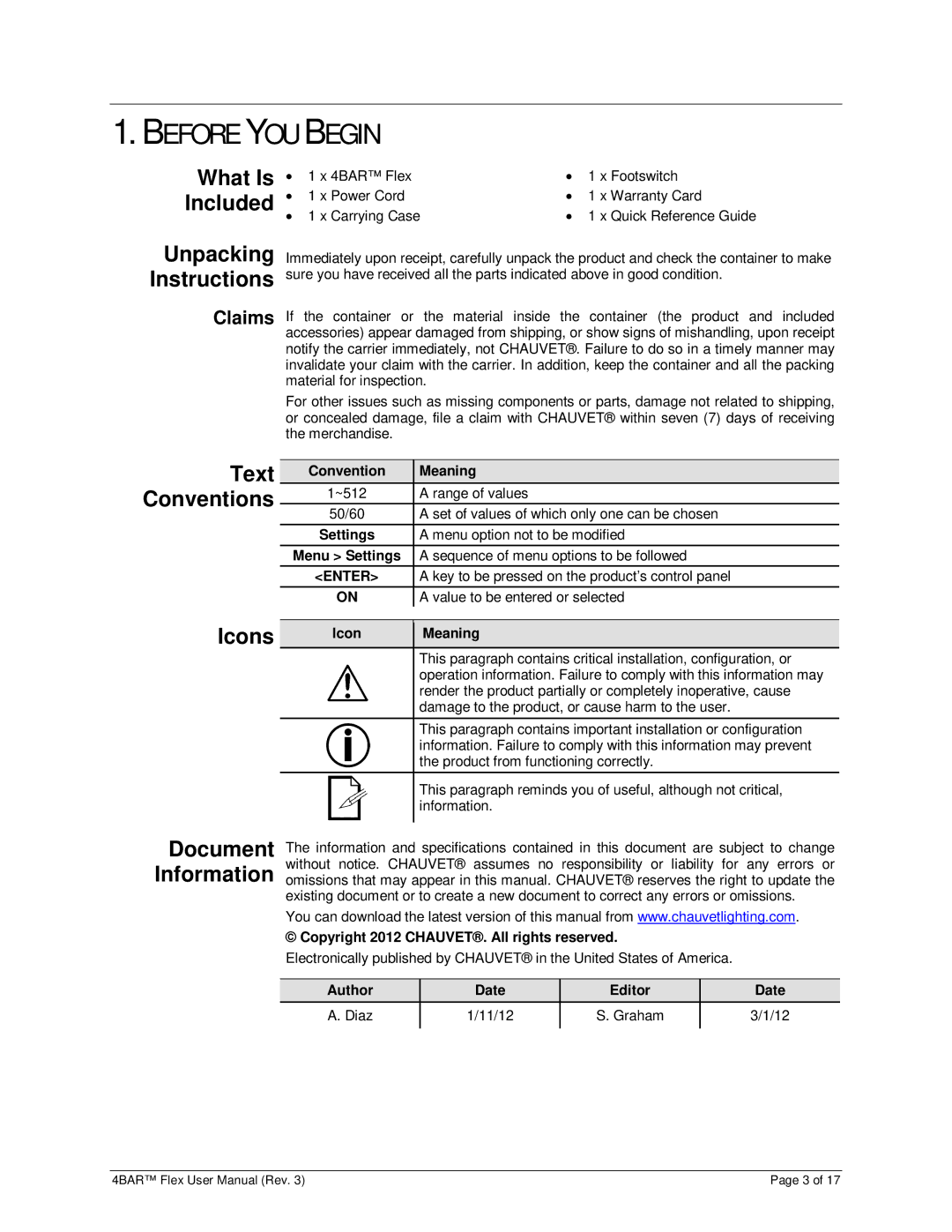 Chauvet 3030504 user manual Before YOU Begin, What Is Included, Unpacking Instructions, Text, Icons 