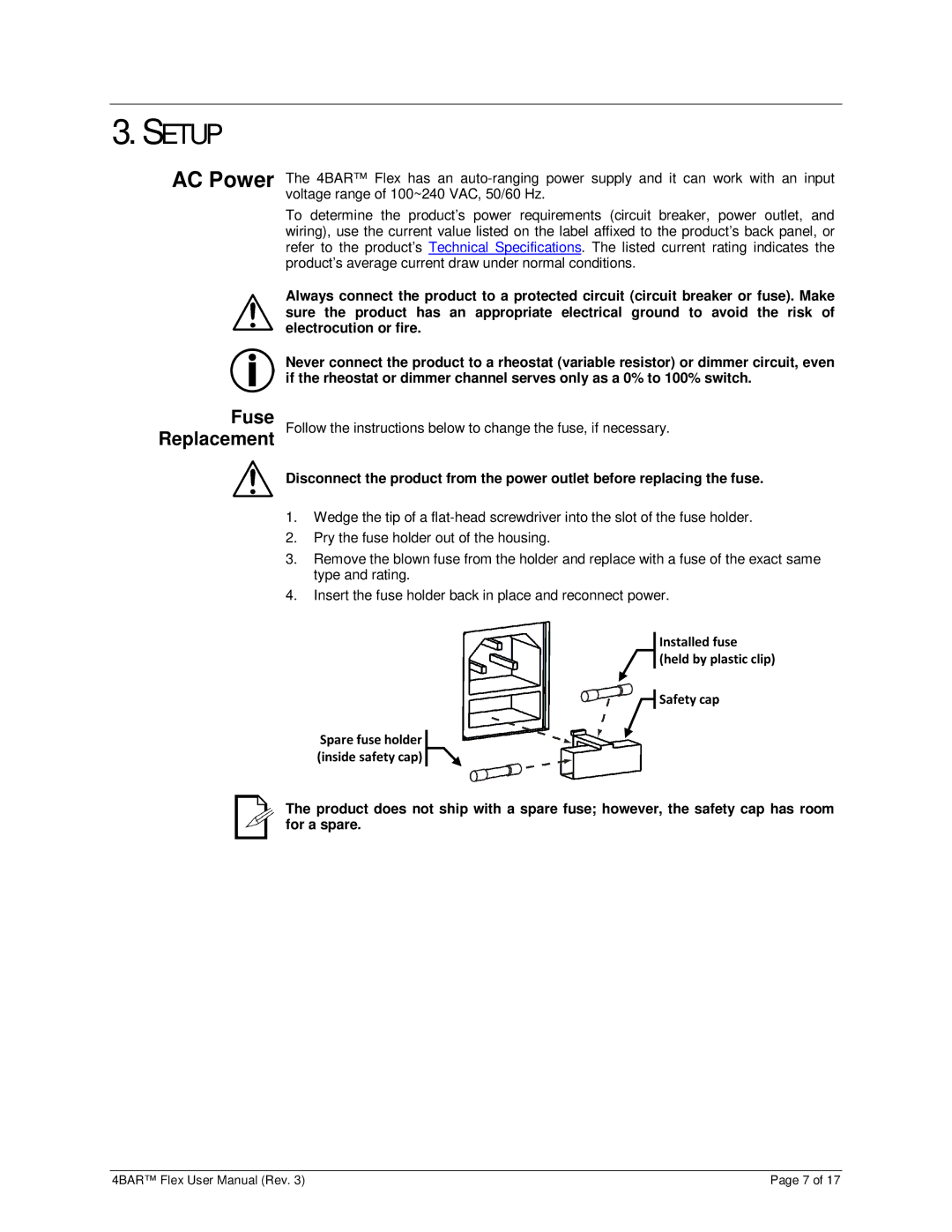 Chauvet 3030504 user manual Setup, Fuse Replacement 