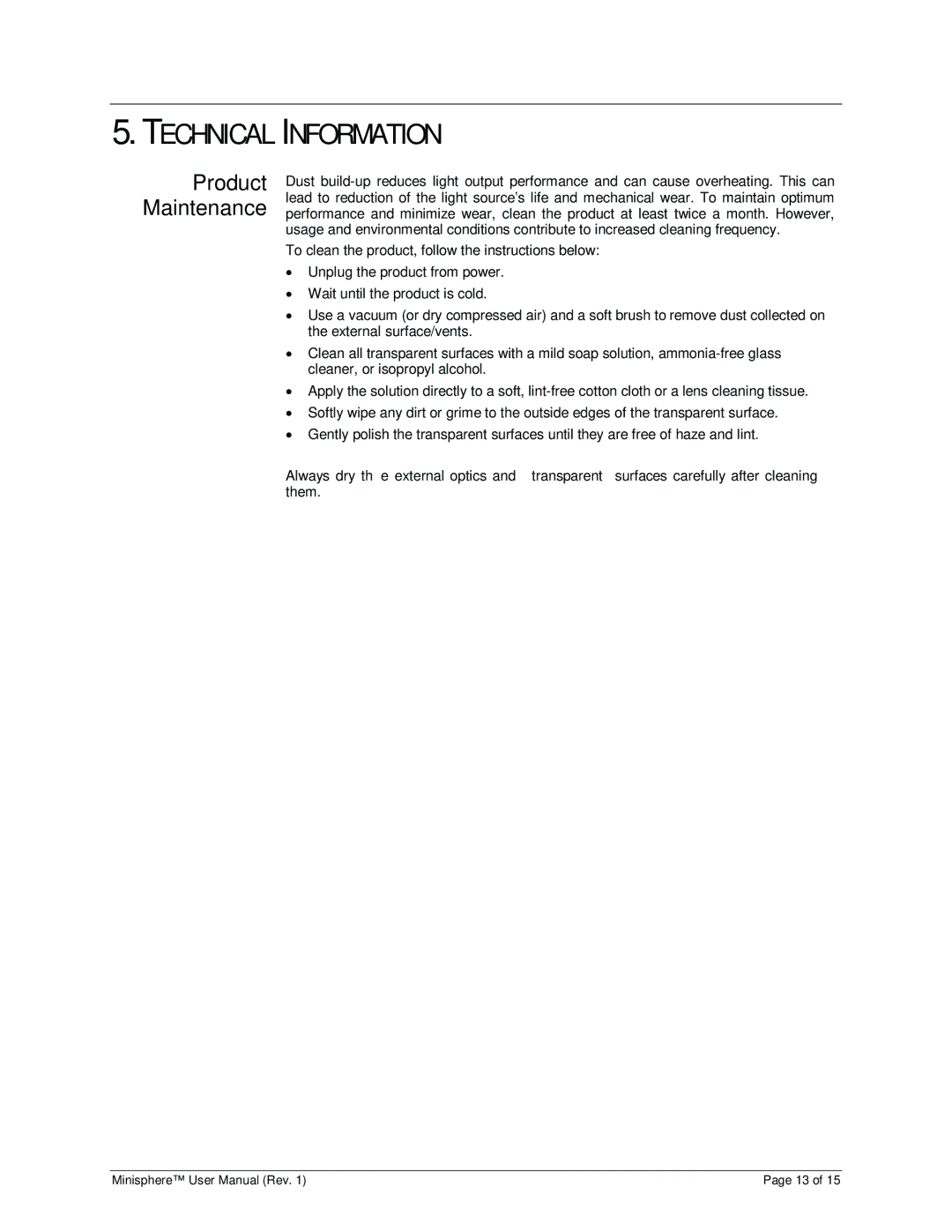 Chauvet 3.1 user manual Technical Information, Product Maintenance 