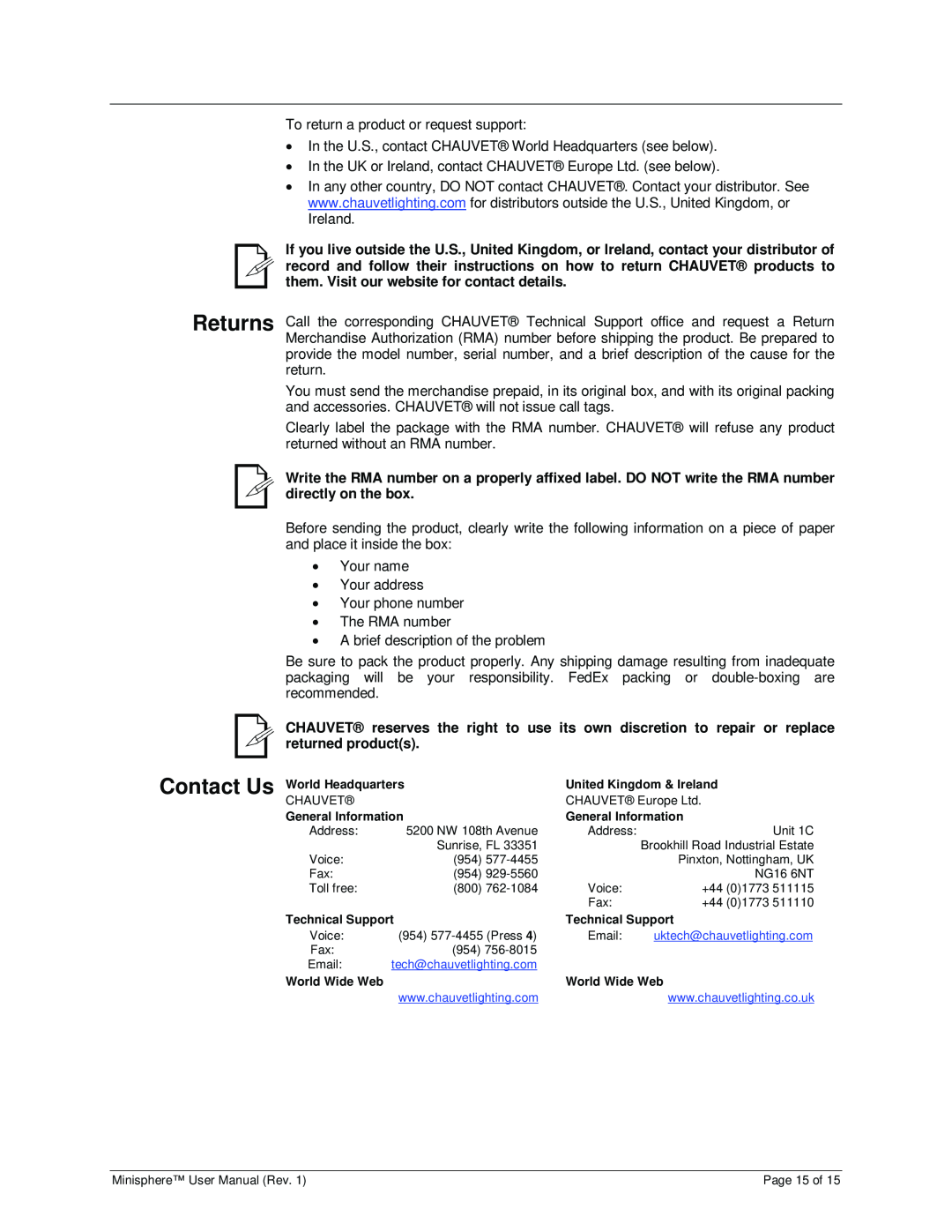 Chauvet 3.1 user manual Returns Contact Us 