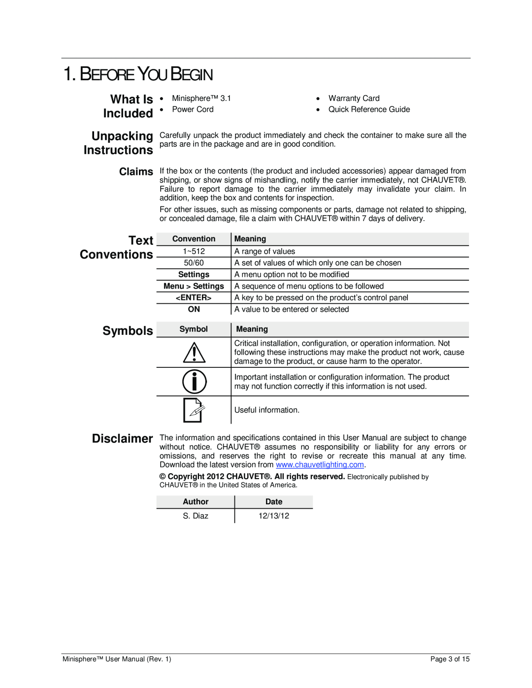 Chauvet 3.1 user manual Before You Begin, What Is Included, Unpacking Instructions, Text, Symbols, Conventions, Claims 