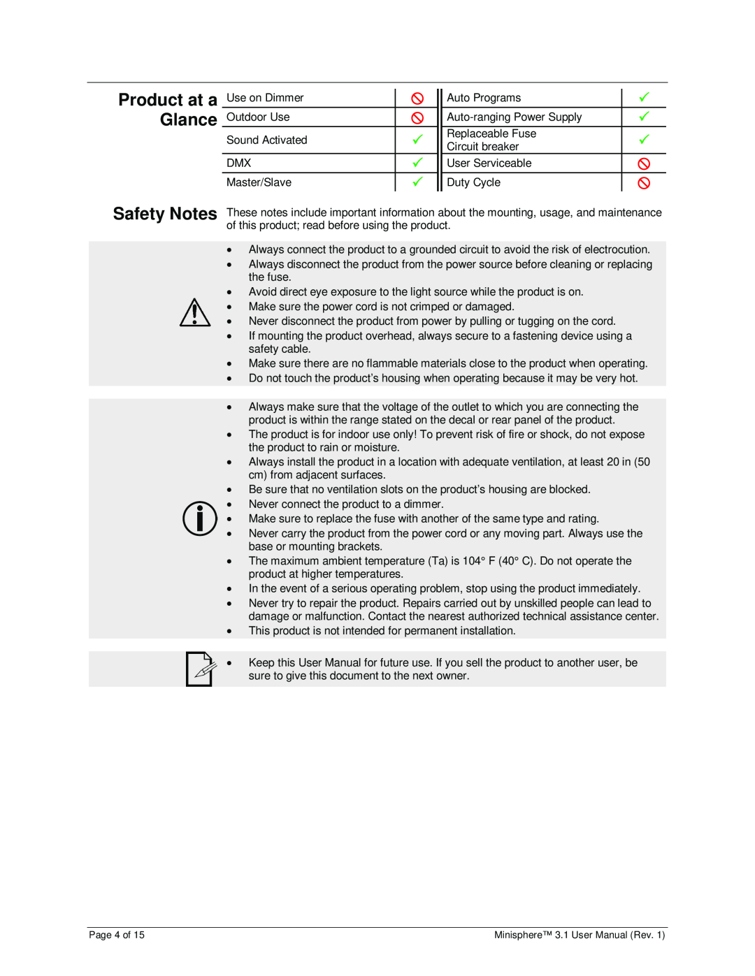 Chauvet 3.1 user manual Product at a Glance, Safety Notes,    