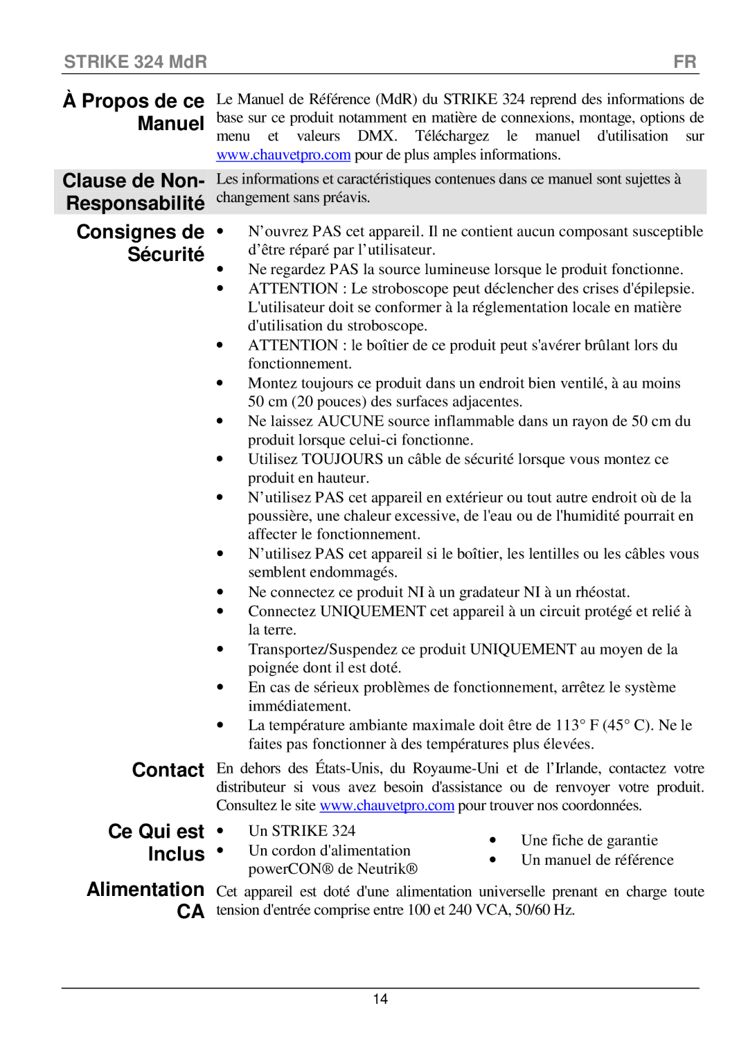 Chauvet 324 ÀPropos de ce Manuel, Alimentation, Clause de Non- Responsabilité Consignes de Sécurité, Ce Qui est Inclus 