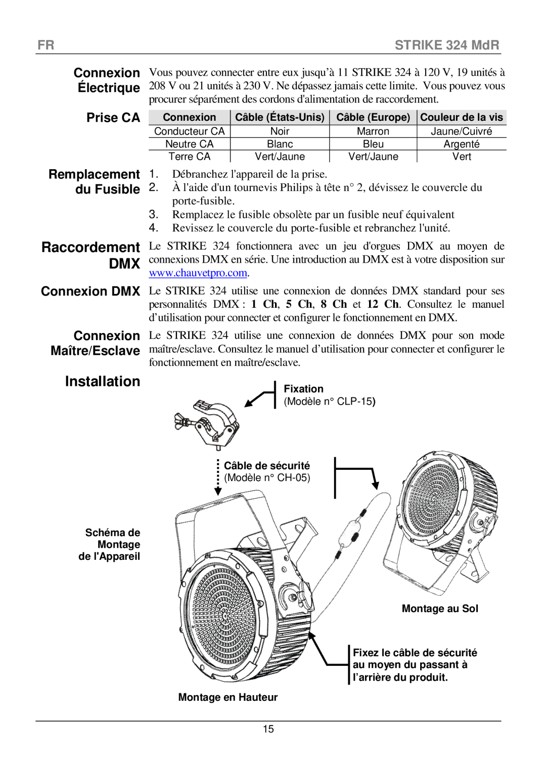 Chauvet 324 manual Raccordement, Installation 
