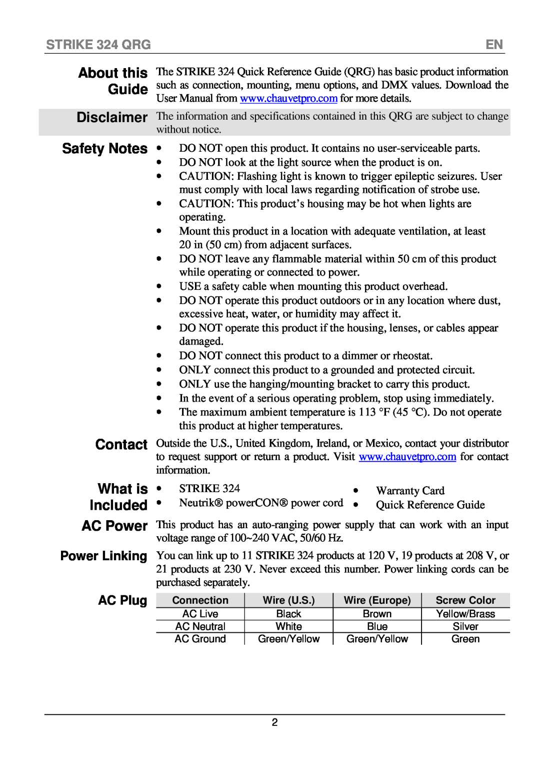 Chauvet manual Disclaimer Safety Notes Contact What is Included, AC Power, STRIKE 324 QRG, Power Linking, AC Plug 