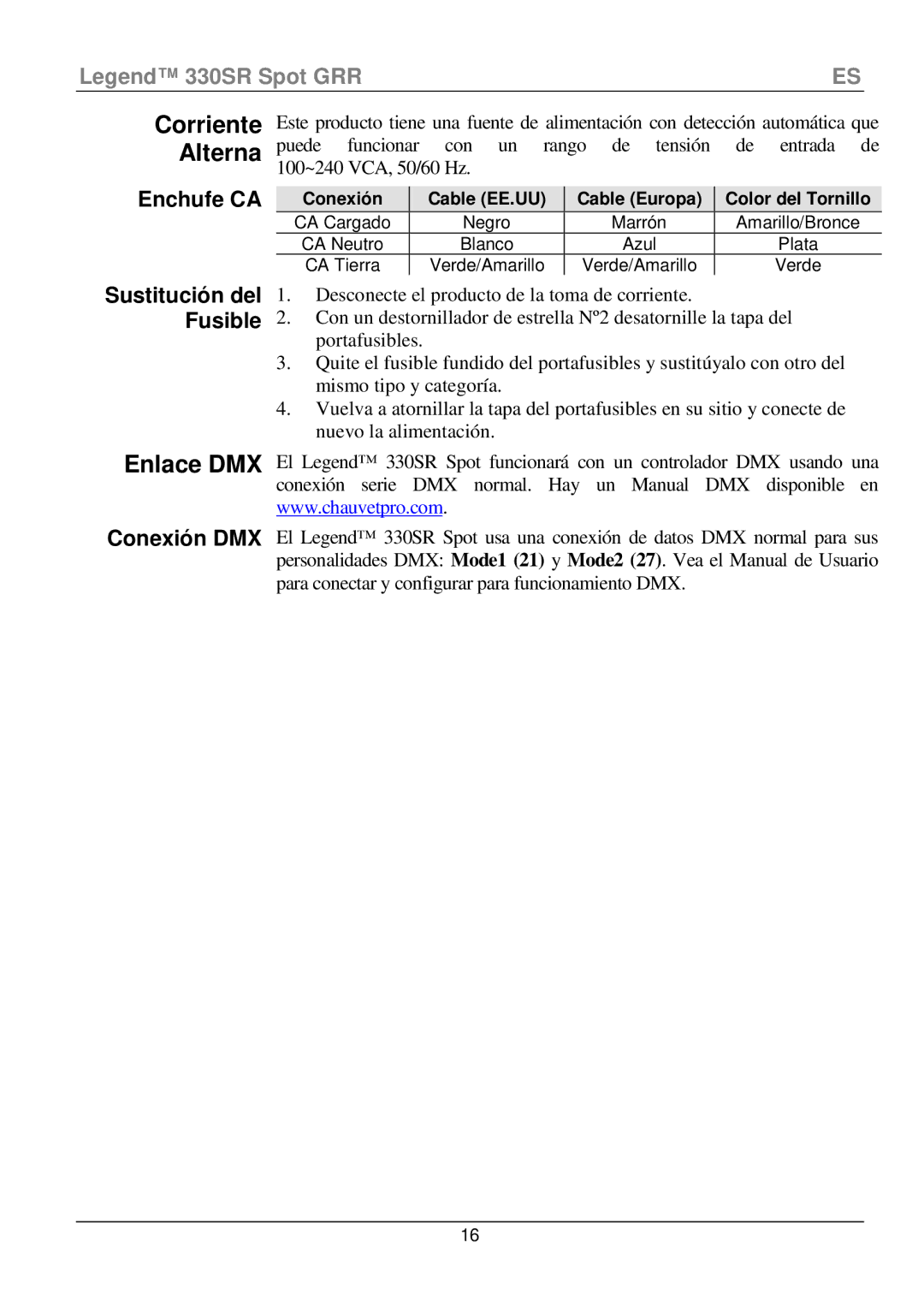 Chauvet 330SR manual Corriente Alterna, Enlace DMX 