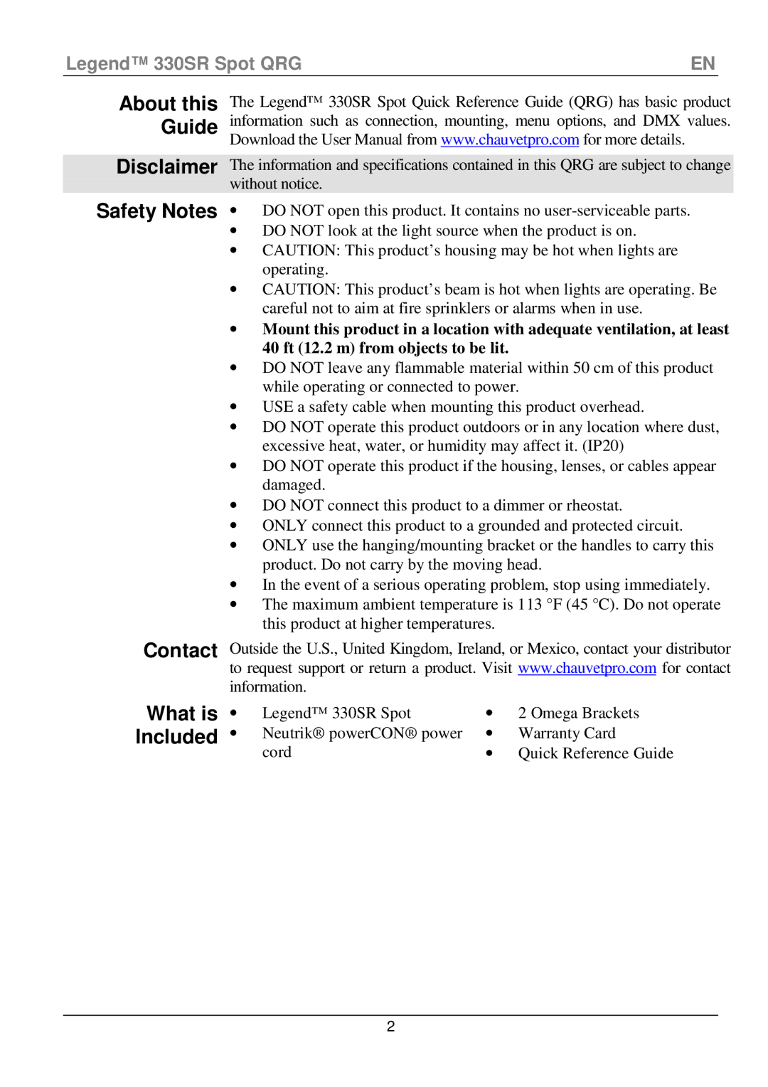 Chauvet 330SR manual Disclaimer Safety Notes Contact What is Included 