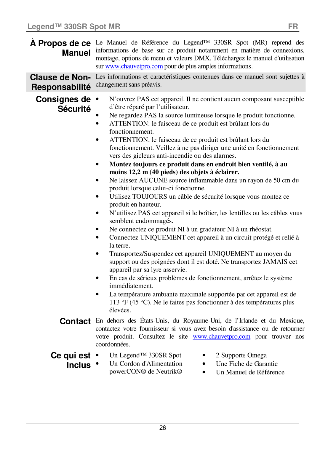 Chauvet 330SR manual ÀPropos de ce Manuel, Contact Ce qui est Inclus, Clause de Non- Responsabilité Consignes de Sécurité 